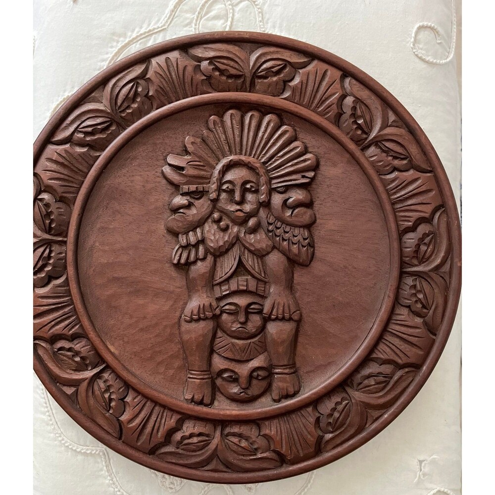 Vintage Wood Carved Primitive Mayan Wall Plaque